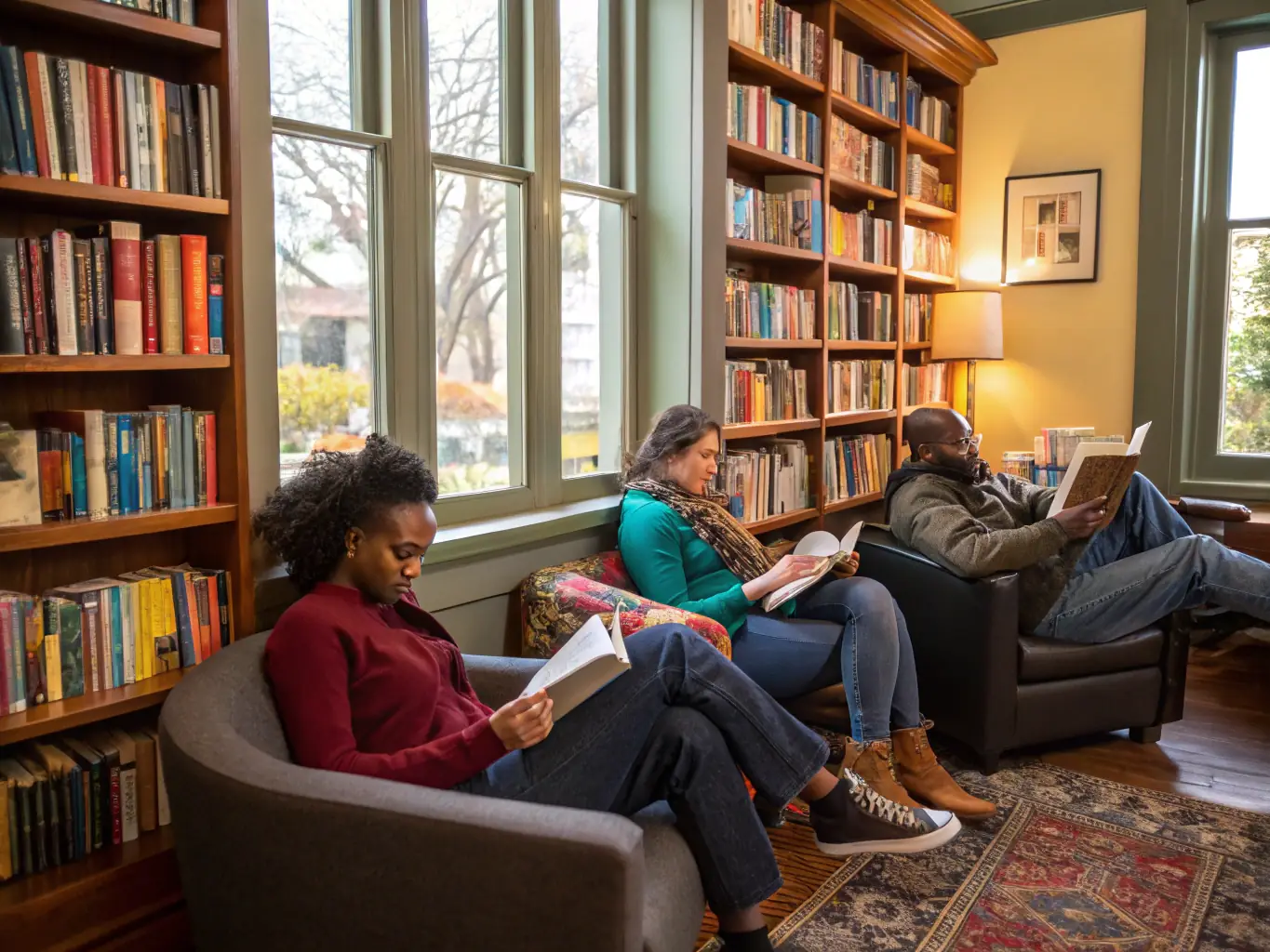 A diverse group of community members of all ages are gathered in a bright, welcoming library space, browsing books and media resources, symbolizing the inclusive environment of LECTURE ET CULTURE.