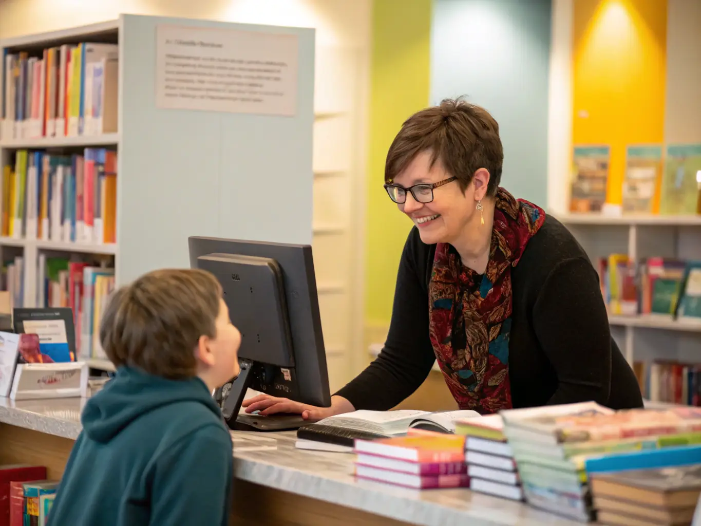 A smiling volunteer assists a community member with finding resources in the library, highlighting the affordable rates and accessible services of LECTURE ET CULTURE.