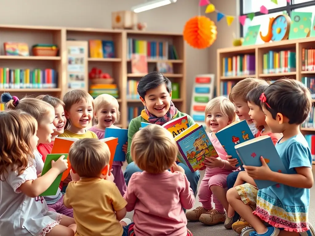 A group of children participating in a storytelling session at LECTURE ET CULTURE, surrounded by colorful books and engaging visuals, capturing the joy of reading and learning.