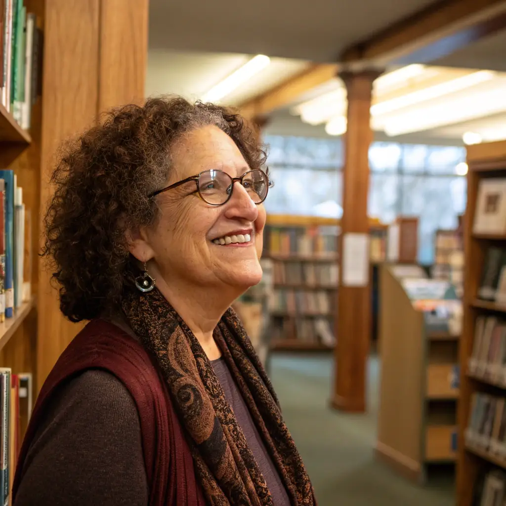 A portrait of a smiling woman with glasses, standing in front of a bookshelf.