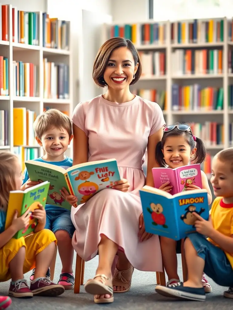 A group of children participating in a storytelling session at LECTURE ET CULTURE, with a librarian reading aloud from a colorful picture book.